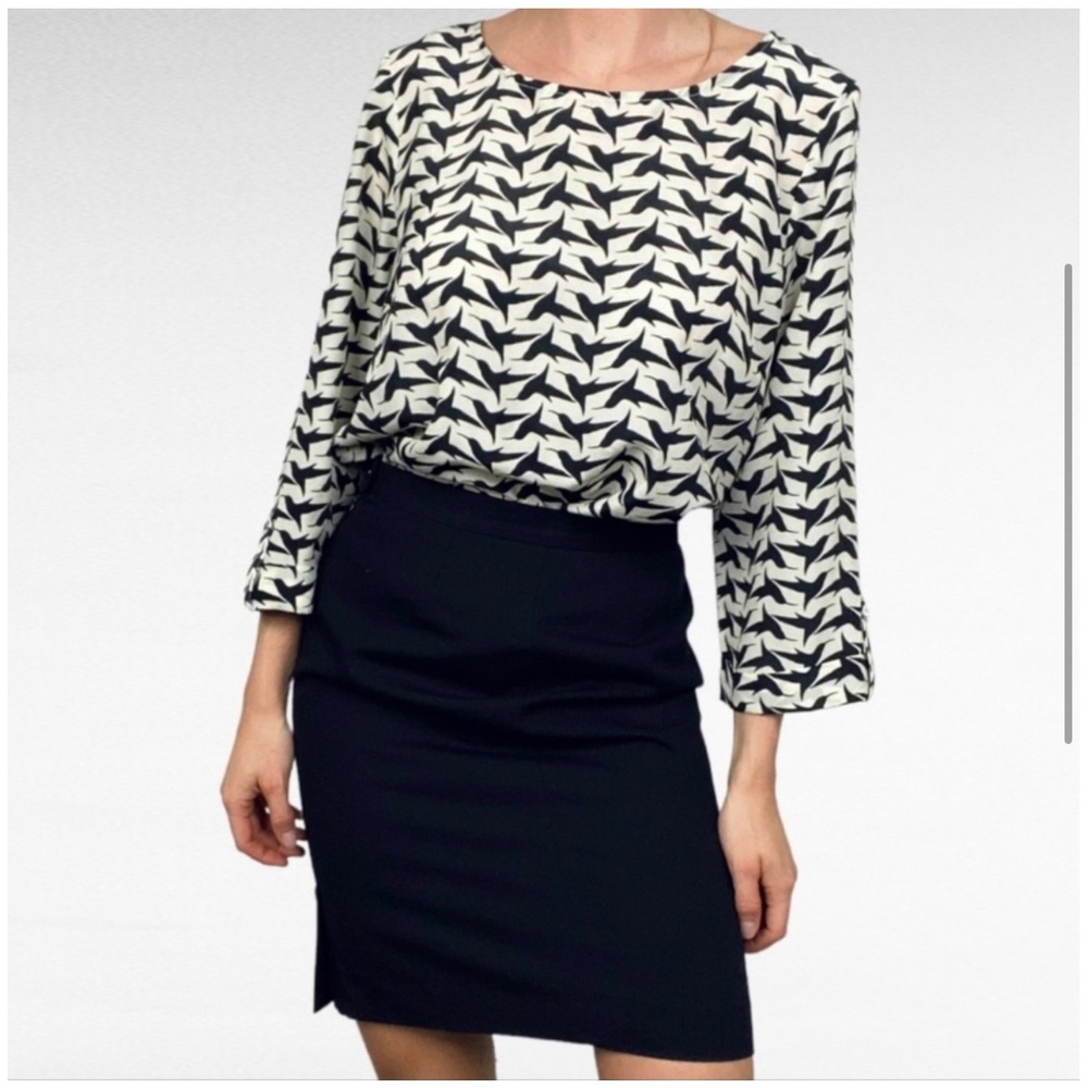 Pixley Hummingbird Print Bixby Blouse ivory Black Career Top Old Money Size M